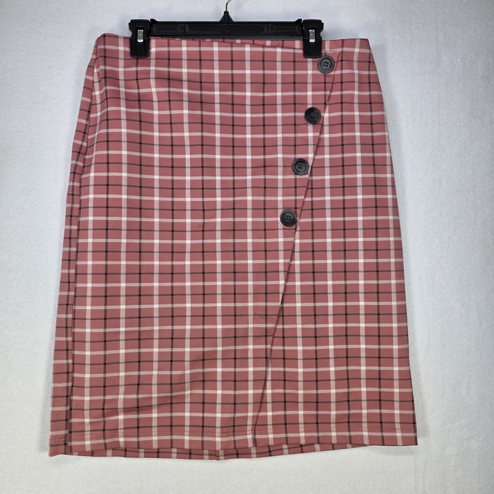 Cato Woman's Skirt sz Lg Pink Plaid Knee Stretch Pencil Pull on w/ Button Accent